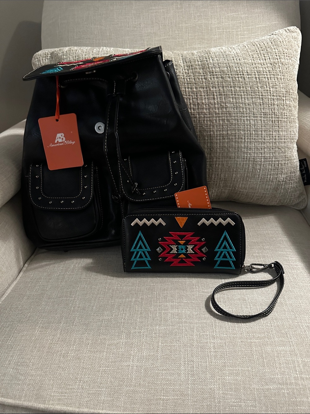 Wrangler Southwestern Embroidered Backpack and Matching Wallet Set.